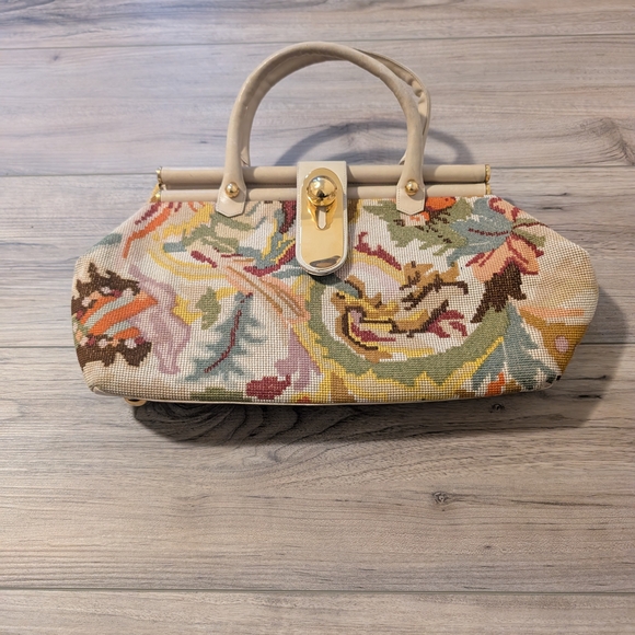 Rodo Handbags - Vintage Rodo Cream Leather and Multicolor Tapestry Women's Bag